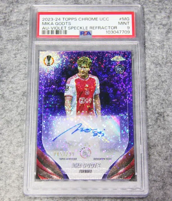 2023-24 Mika Godts #CA-MG Topps Chrome UEFA Club Competitions Violet Speckle Refractor RC Autograph /299 PSA 9