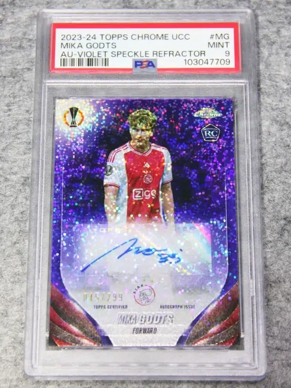 2023-24 Mika Godts #CA-MG Topps Chrome UEFA Club Competitions Violet Speckle Refractor RC Autograph /299 PSA 9