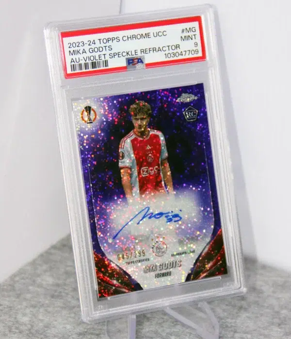2023-24 Mika Godts #CA-MG Topps Chrome UEFA Club Competitions Violet Speckle Refractor RC Autograph /299 PSA 9