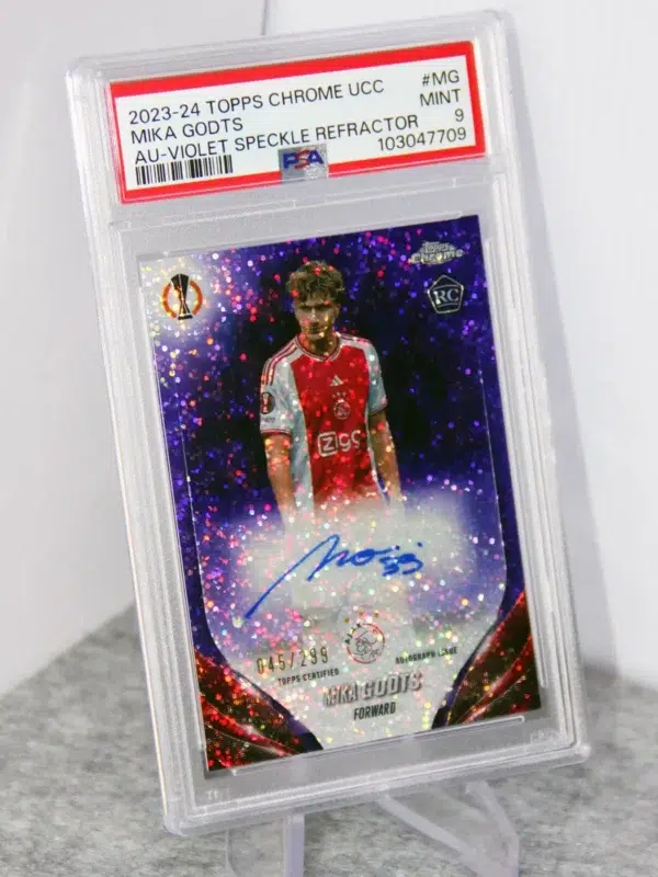 2023-24 Mika Godts #CA-MG Topps Chrome UEFA Club Competitions Violet Speckle Refractor RC Autograph /299 PSA 9
