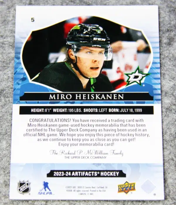 2023-24 Miro Heiskanen #5 Upper Deck Artifacts Hockey Gold Materials /249
