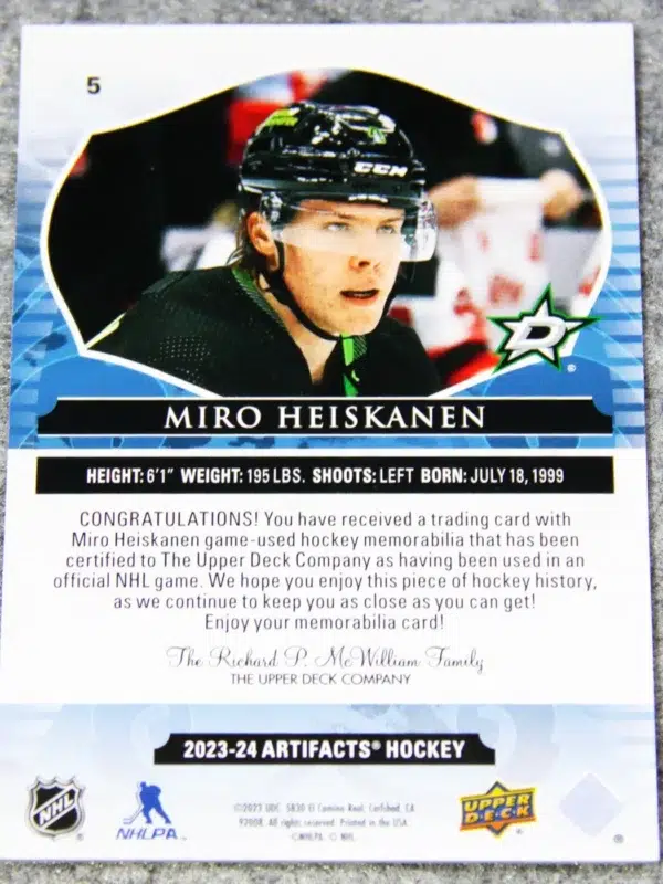 2023-24 Miro Heiskanen #5 Upper Deck Artifacts Hockey Gold Materials /249