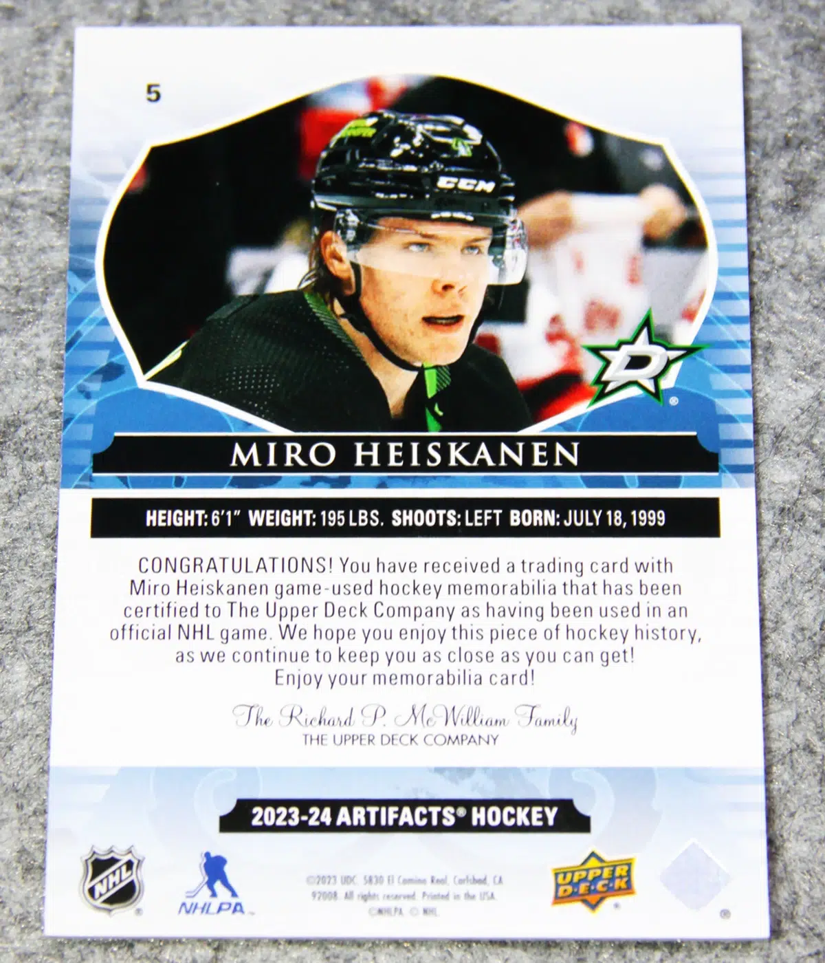 2023-24 Miro Heiskanen #5 Upper Deck Artifacts Hockey Gold Materials /249