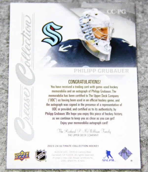 2023-24 Philipp Grubauer #CC-PG Upper Deck Ultimate Crease Collection Patch Autograph /99