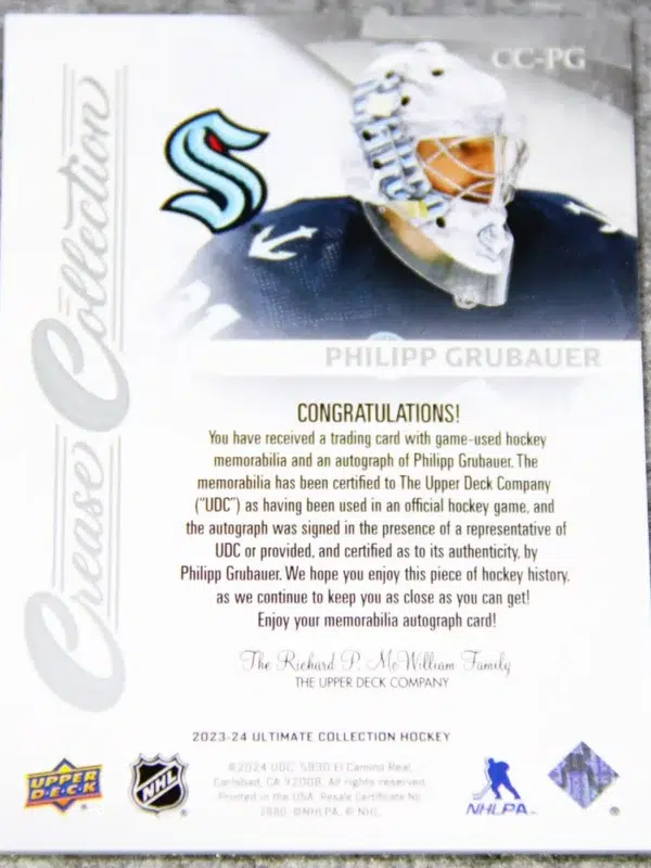 2023-24 Philipp Grubauer #CC-PG Upper Deck Ultimate Crease Collection Patch Autograph /99