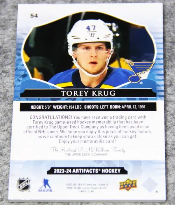 2023-24 Torey Krug #54 Upper Deck Artifacts Dual Patch Purple /25