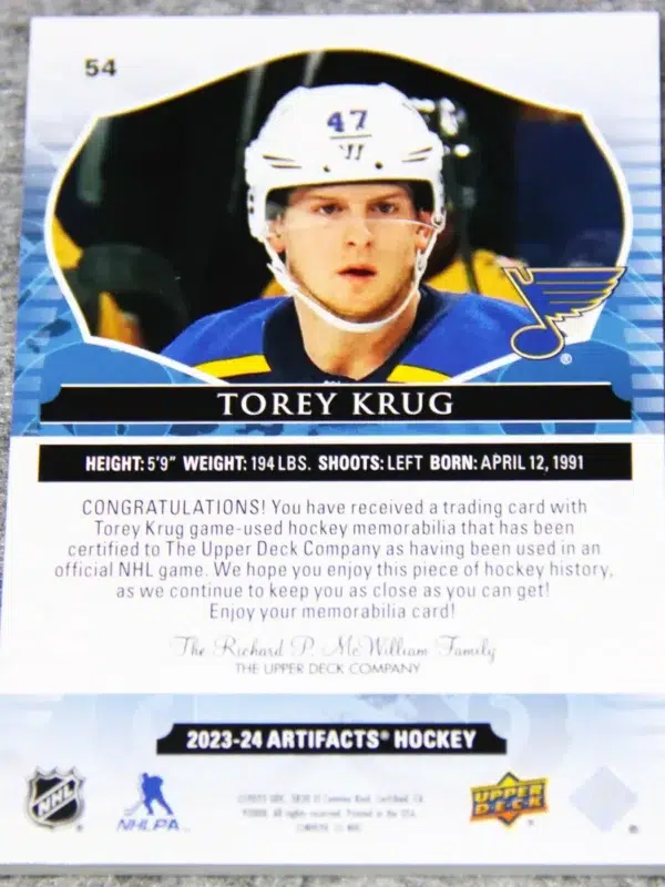2023-24 Torey Krug #54 Upper Deck Artifacts Dual Patch Purple /25
