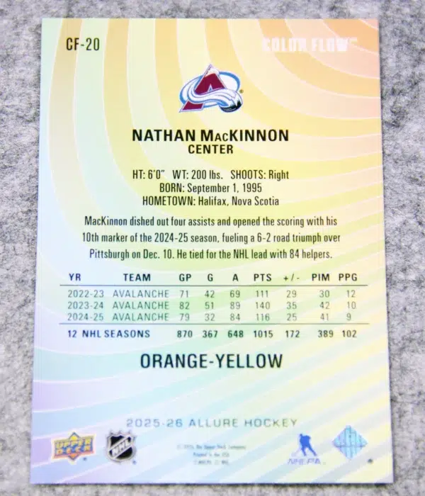 2024-25 Nathan MacKinnon #CF-20 Upper Deck Allure Color Flow Orange-Yellow