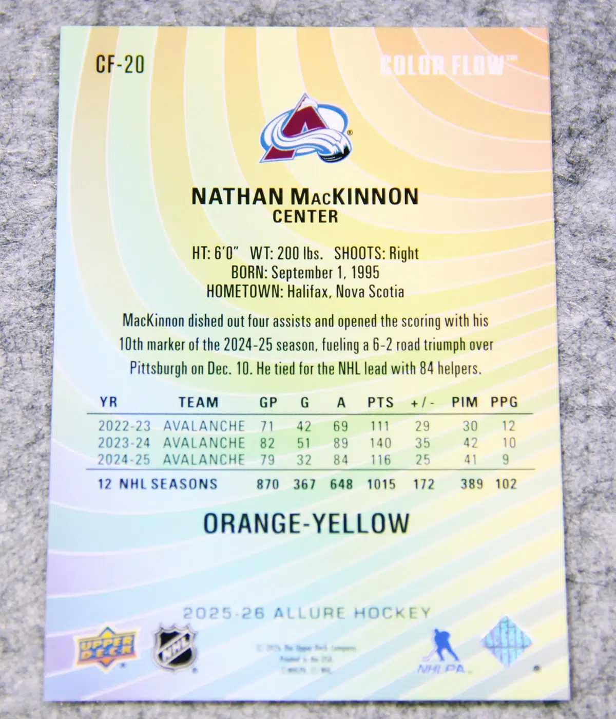 2024-25 Nathan MacKinnon #CF-20 Upper Deck Allure Color Flow Orange-Yellow