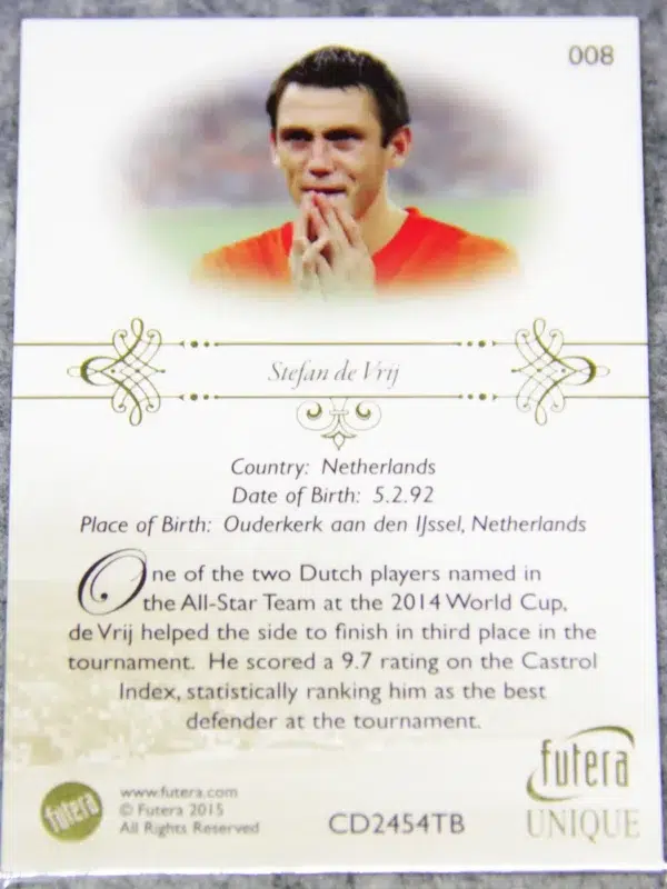 2015 Stefan de Vrij #008 Futera Unique Defender