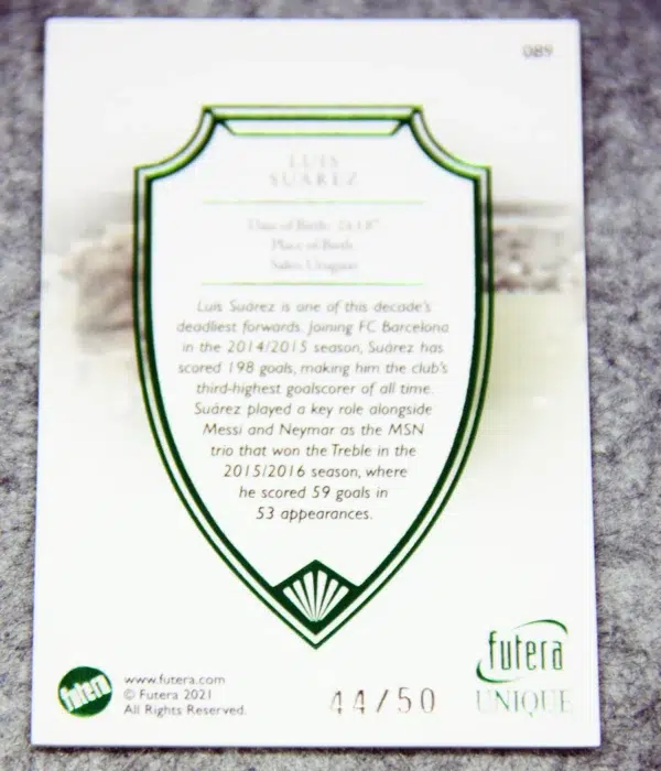 2021 Luis Suarez #089 Futera Unique Football Forward Emerald /50