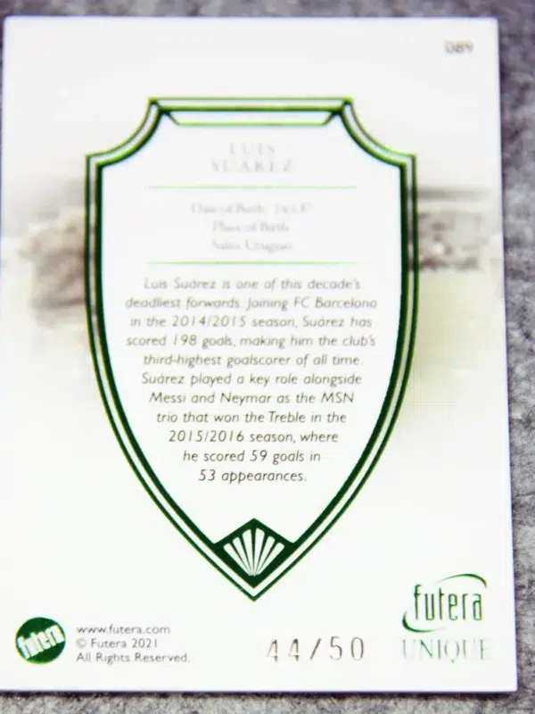 2021 Luis Suarez #089 Futera Unique Football Forward Emerald /50