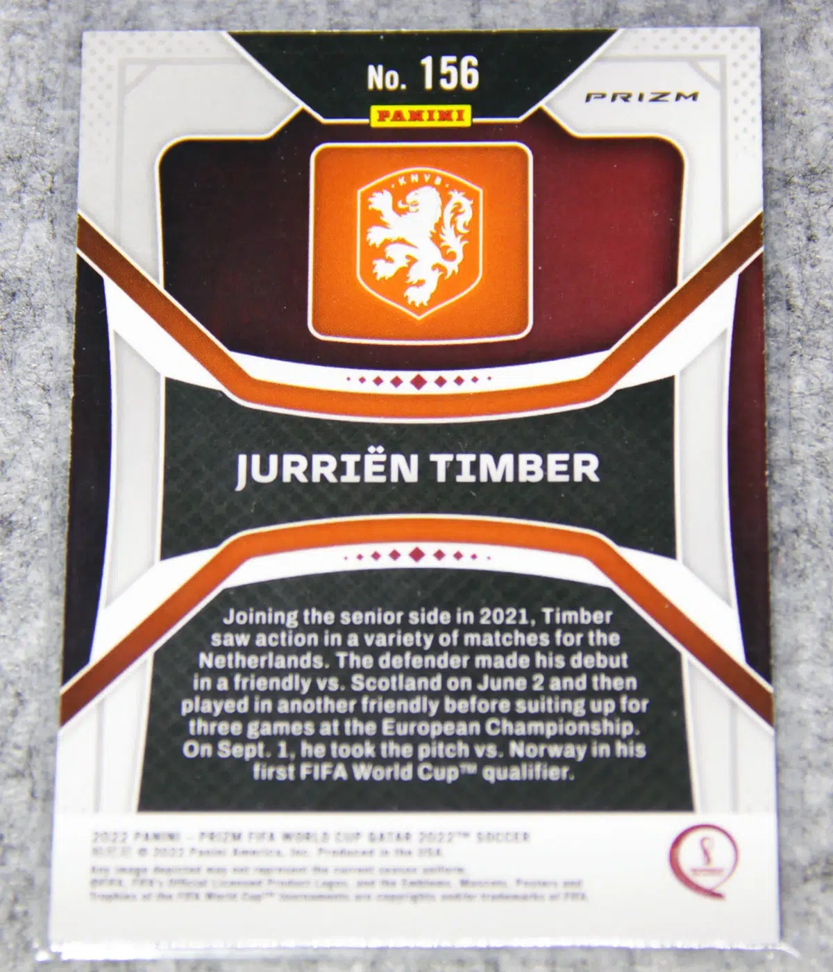 2022 Jurrien Timber #156 Panini Prizm FIFA Word Cup 2022 Red Prizm RC