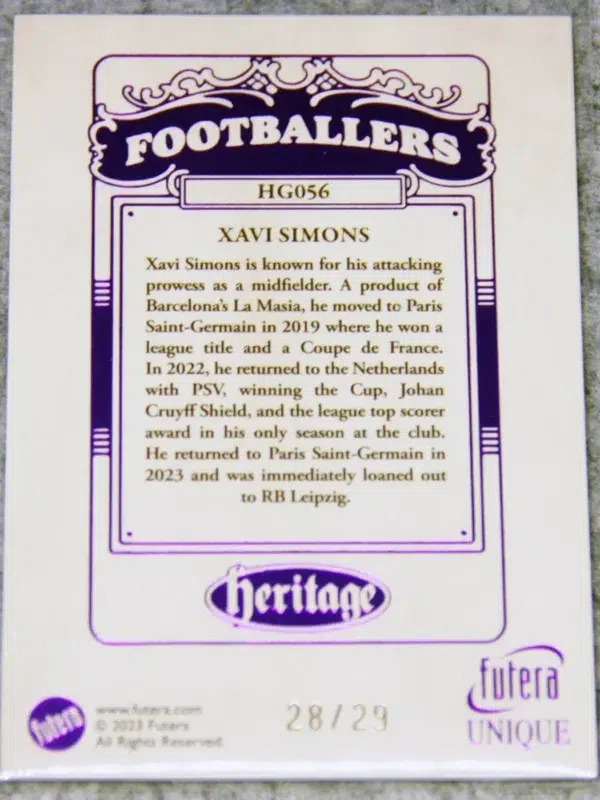 2023 Arjan Robben - Xavi Simons #HG056 Futera Unique Football Heritage Purple /29 Error Card