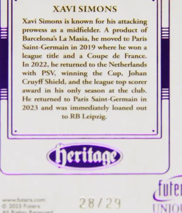 2023 Arjan Robben - Xavi Simons #HG056 Futera Unique Football Heritage Purple /29 Error Card