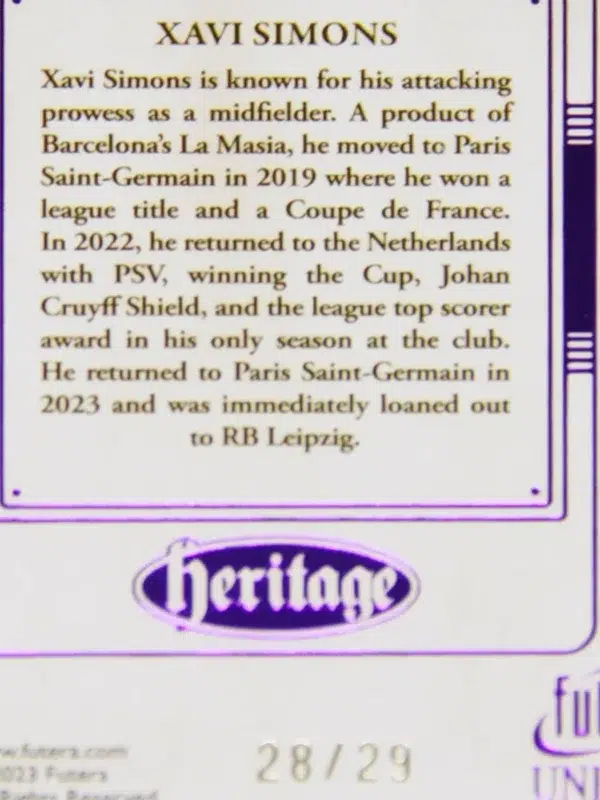 2023 Arjan Robben - Xavi Simons #HG056 Futera Unique Football Heritage Purple /29 Error Card