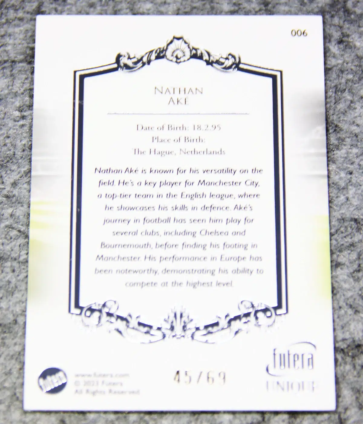 2023 Nathan Ake #006 Futera Unique Football Defender Silver /69