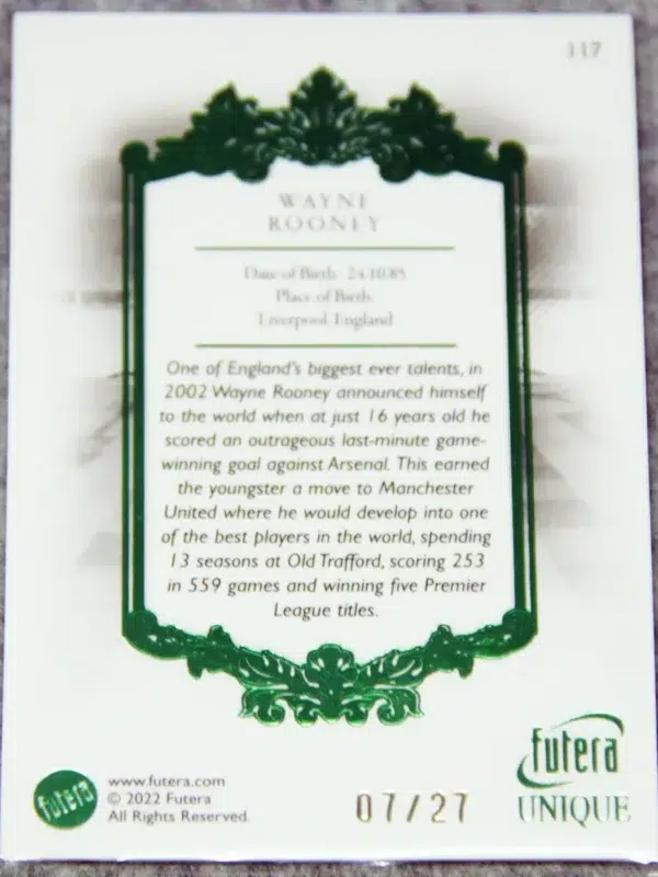 2022 Wayne Rooney #117 Futera Unique Football The Greats Emerald /27