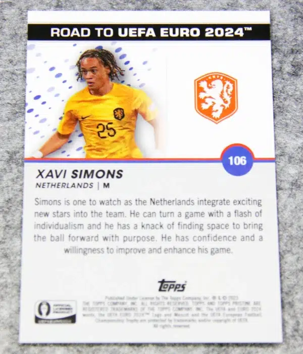 2023 Xavi Simons #106 Topps Pristine Road to UEFA Euro 2024 Orange National Debut /25
