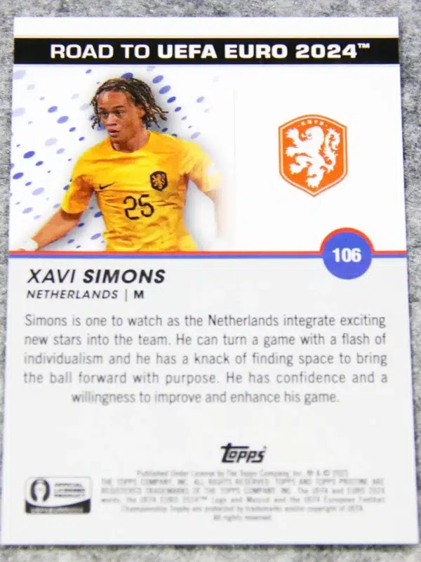 2023 Xavi Simons #106 Topps Pristine Road to UEFA Euro 2024 Orange National Debut /25