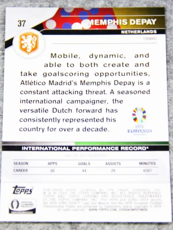 2024 Memphis Depay #37 Topps Chrome UEFA Euro Sapphire Edition Orange Refractor /25
