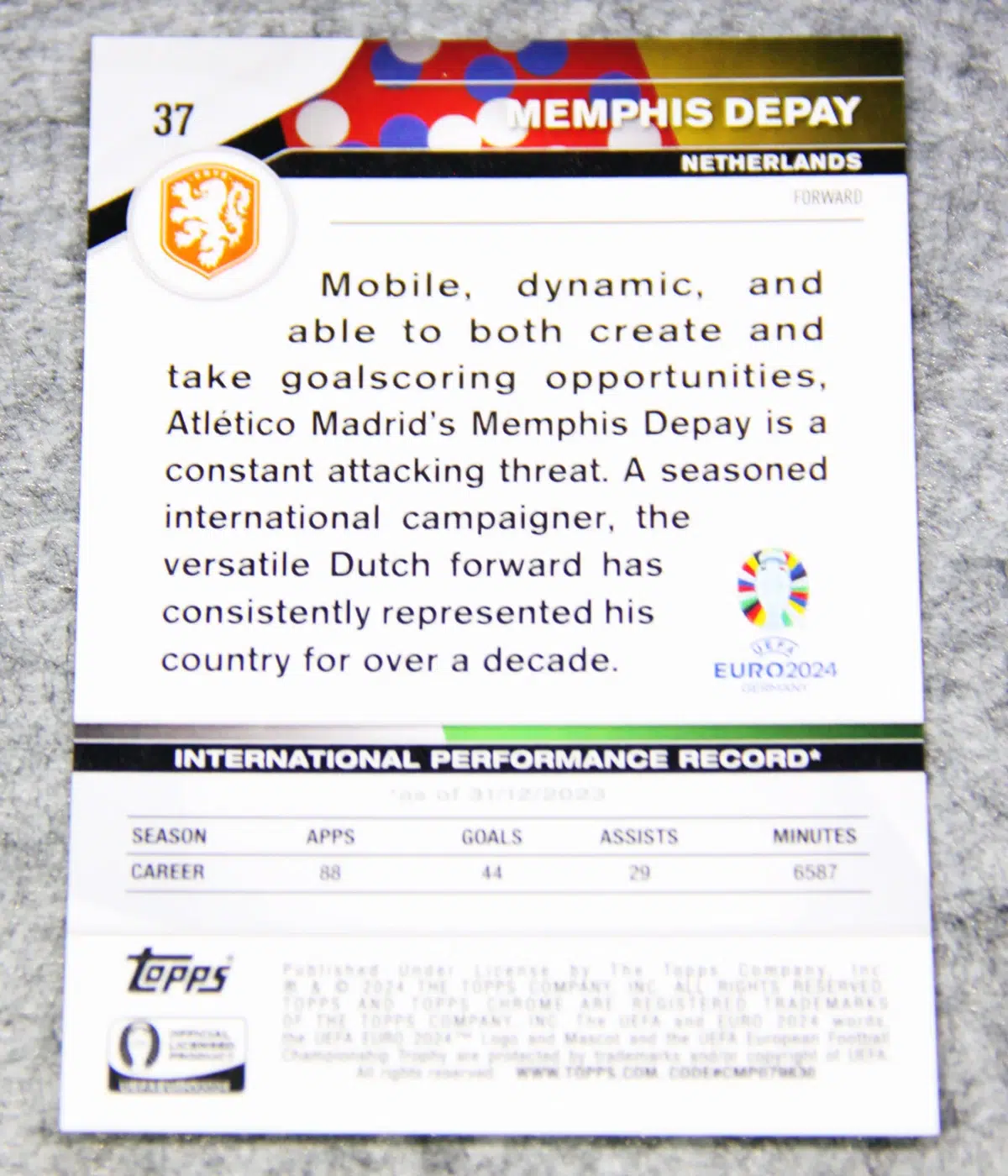 2024 Memphis Depay #37 Topps Chrome UEFA Euro Sapphire Edition Orange Refractor /25