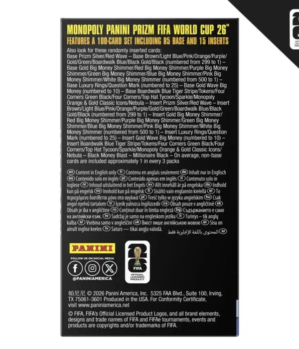 Monopoly Panini Prizm 2026 FIFA World Cup Soccer Trading Card Booster Box