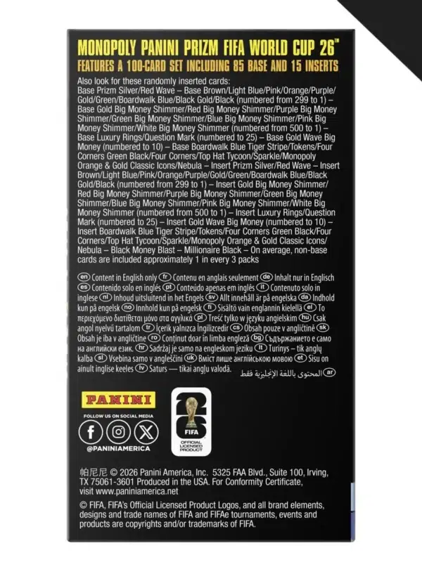 Monopoly Panini Prizm 2026 FIFA World Cup Soccer Trading Card Booster Box