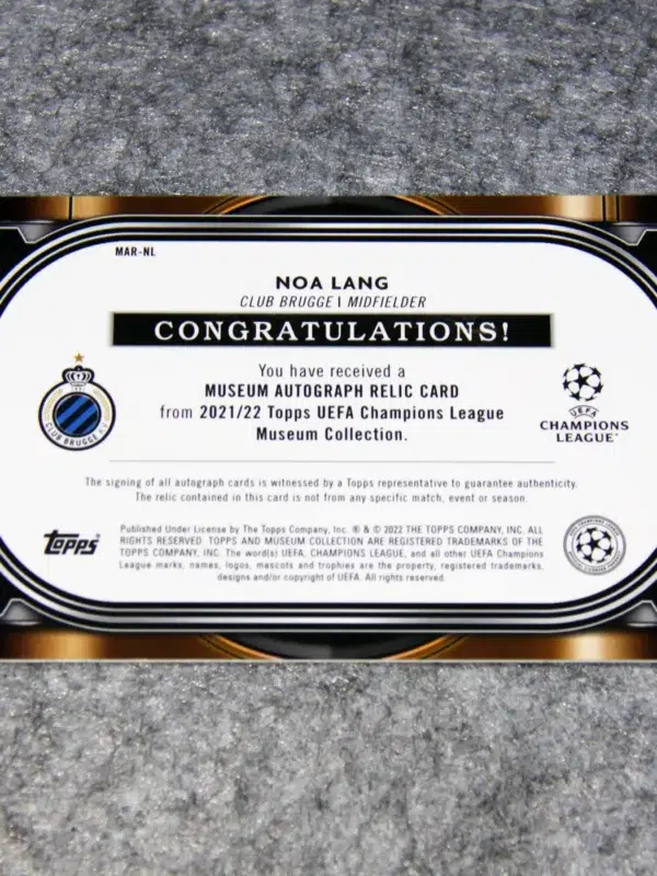 2021-22 Noa Lang #MAR-NL Topps UEFA Champions League Museum Collection Autograph Relic /250