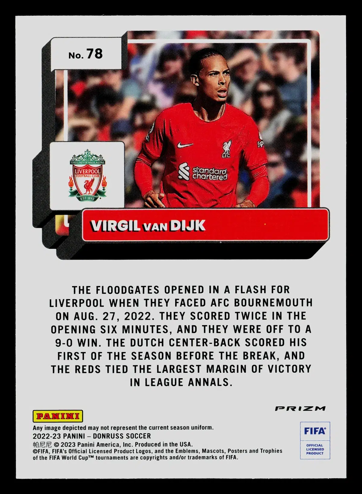 2022-23 Virgil van Dijk #78 Panini Donruss Optic Liverpool FC Silver Prizm