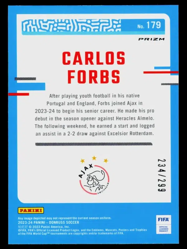 2023-24 Carlos Forbs #179 Panini Donruss Optic Soccer Rated Rookie Red Prizm /299