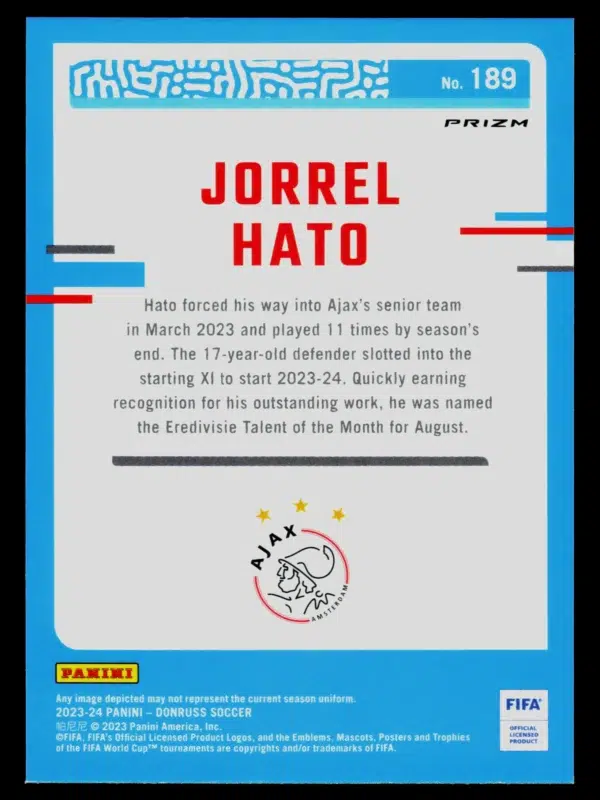 2023-24 Jorrel Hato #189 Panini Donruss Optic Soccer Rated Rookie Silver Prizm