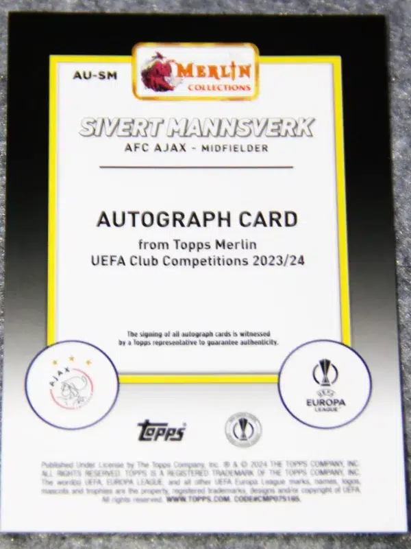2023-24 Sivert Mannsverk #AU-SM Topps Merlin UEFA Club Competitions Autograph RC