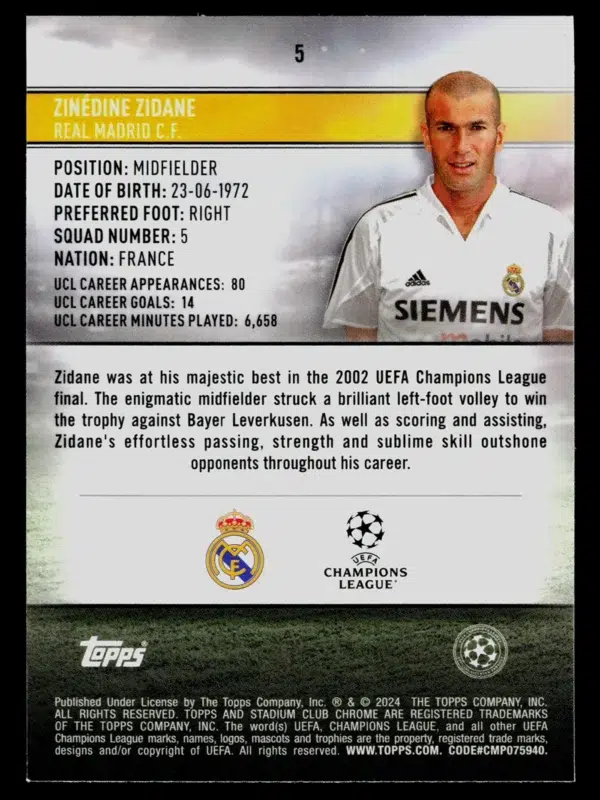 2023-24 Zinedine Zidane #5 Topps Stadium Club Chrome UCL Pink Red Electric