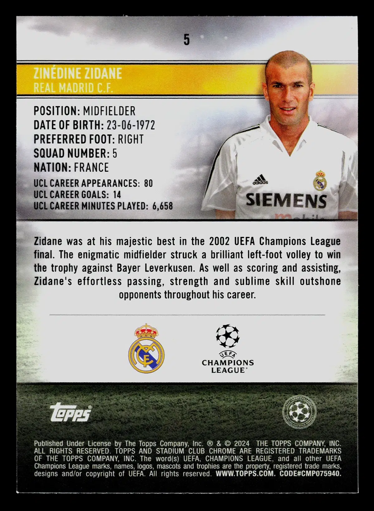 2023-24 Zinedine Zidane #5 Topps Stadium Club Chrome UCL Pink Red Electric