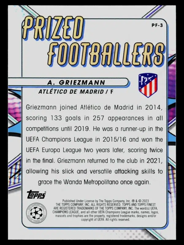 2023 Antoine Griezmann #PF-3 Topps Finest UEFA Champions League Prized Footballers