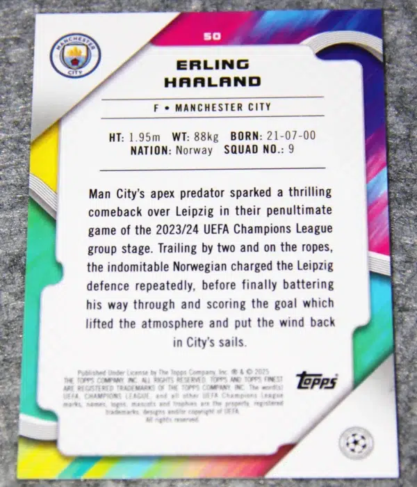 2024-25 Erling Haaland #50 Topps Finest UEFA Club Competitions Purple Prism Refractor /125
