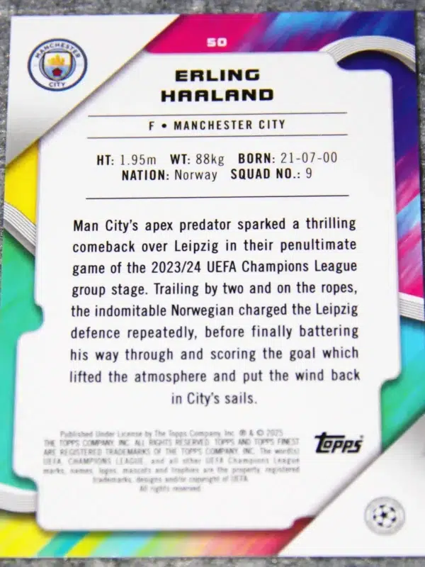 2024-25 Erling Haaland #50 Topps Finest UEFA Club Competitions Purple Prism Refractor /125