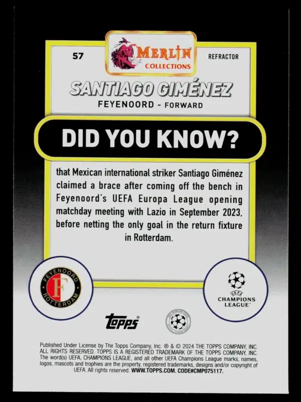 2024 Santiago Gimenez #57 Topps Merlin Collections UEFA Champions League Refractor