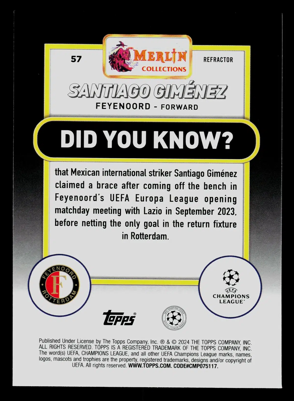 2024 Santiago Gimenez #57 Topps Merlin Collections UEFA Champions League Refractor