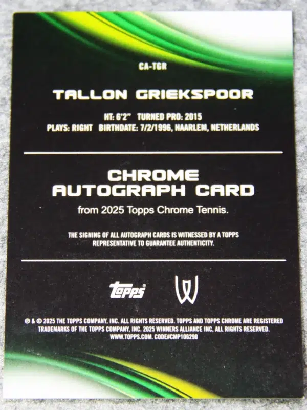 2025 Tallon Griekspoor #CA-TGR Topps Chrome Tennis Autograph Gold Refractor /50