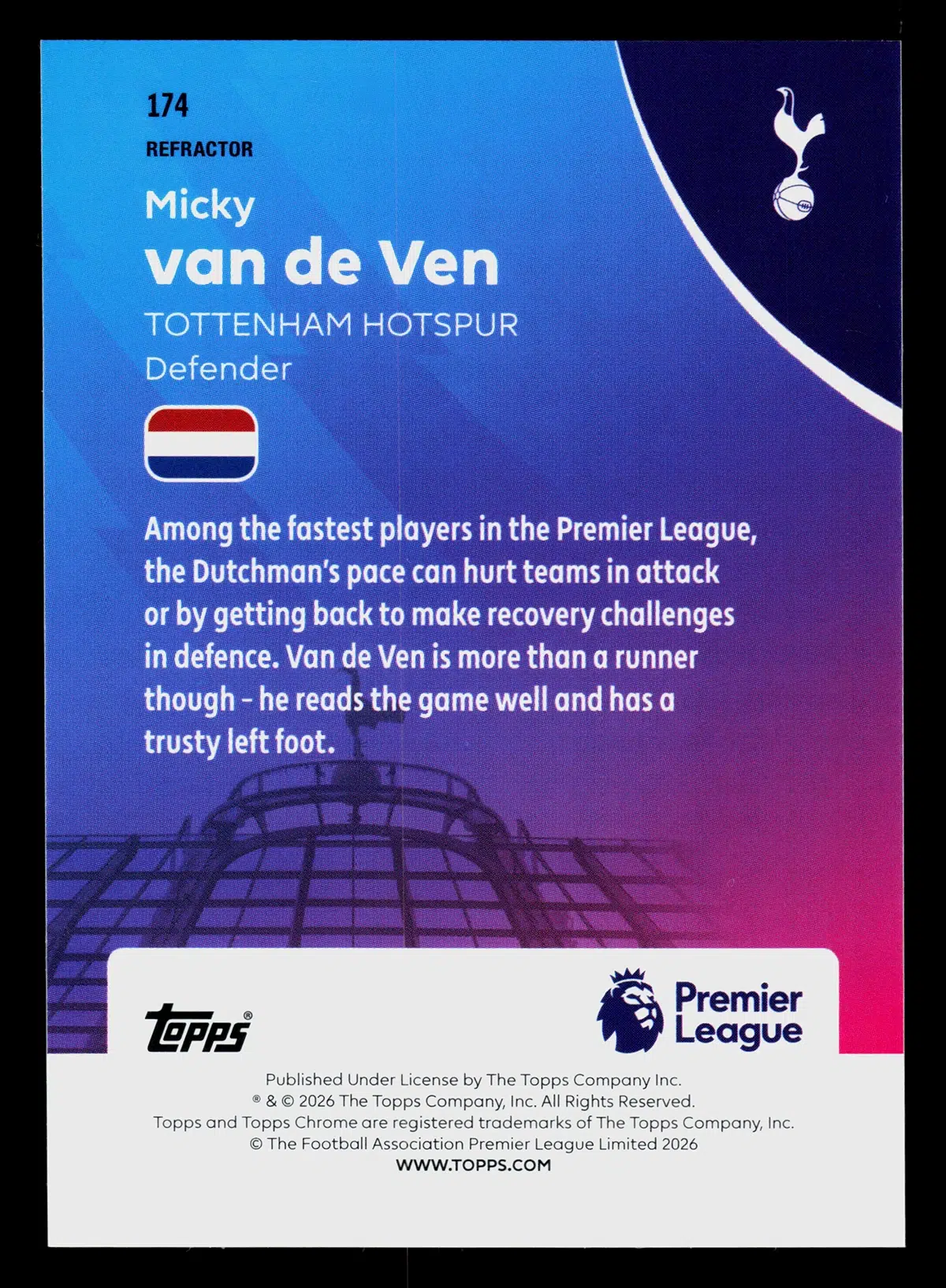 2026 Micky van de Ven #174 Topps Chrome Premier League Refractor