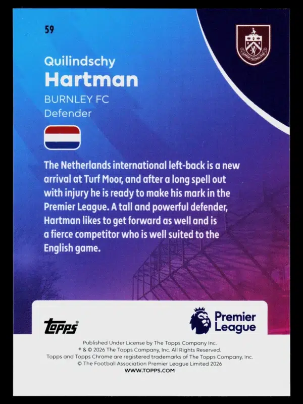 2026 Quilindschy Hartman #59 Topps Chrome Premier League Aqua Wave Refractor /199