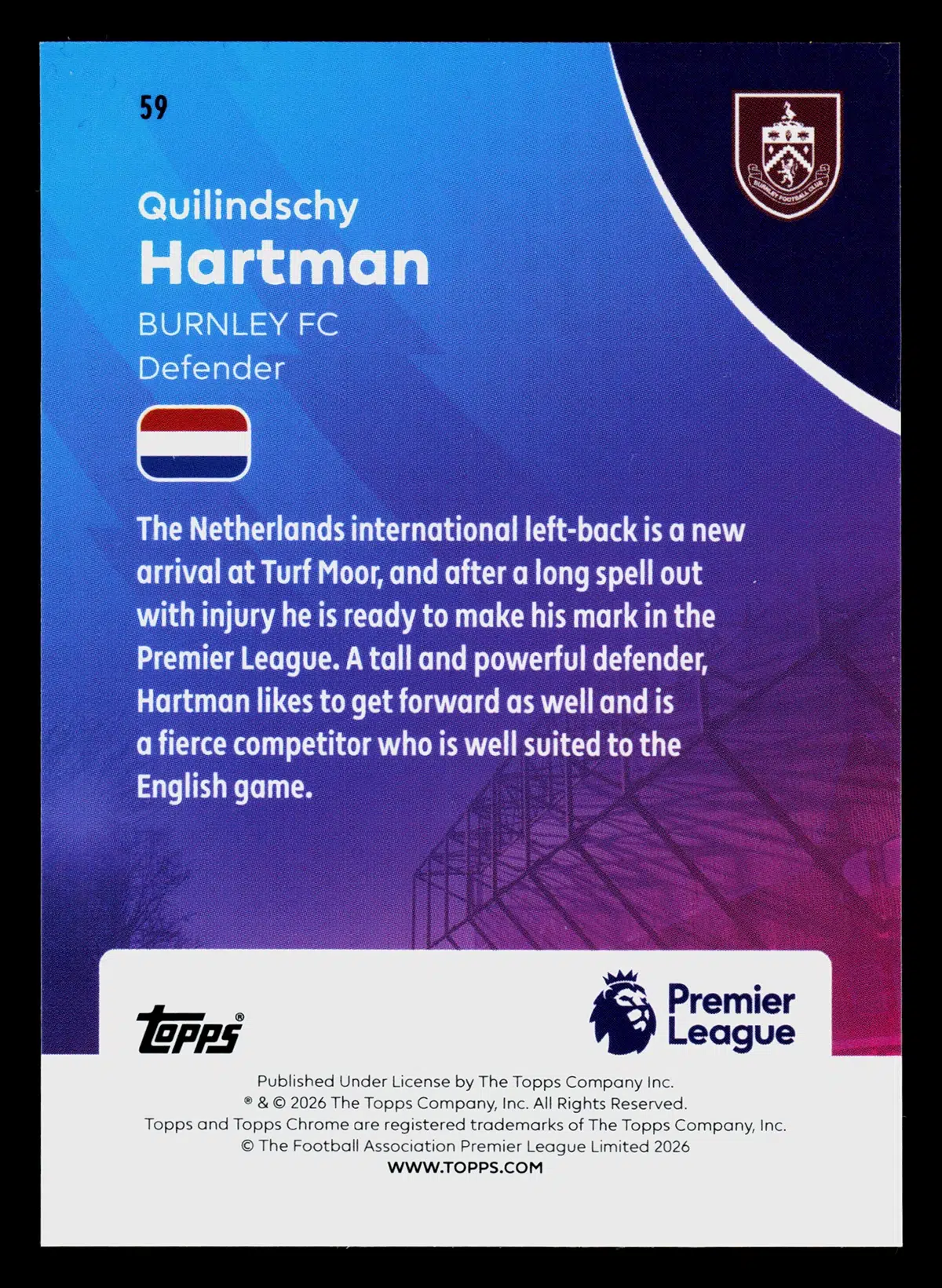 2026 Quilindschy Hartman #59 Topps Chrome Premier League Aqua Wave Refractor /199
