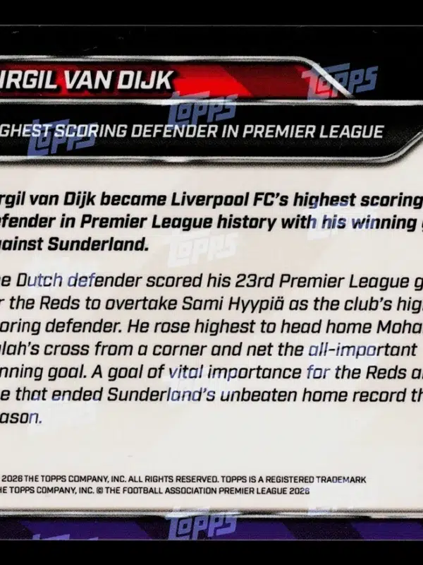 2026 Virgil van Dijk #138 Topps Now Premier League Club Record