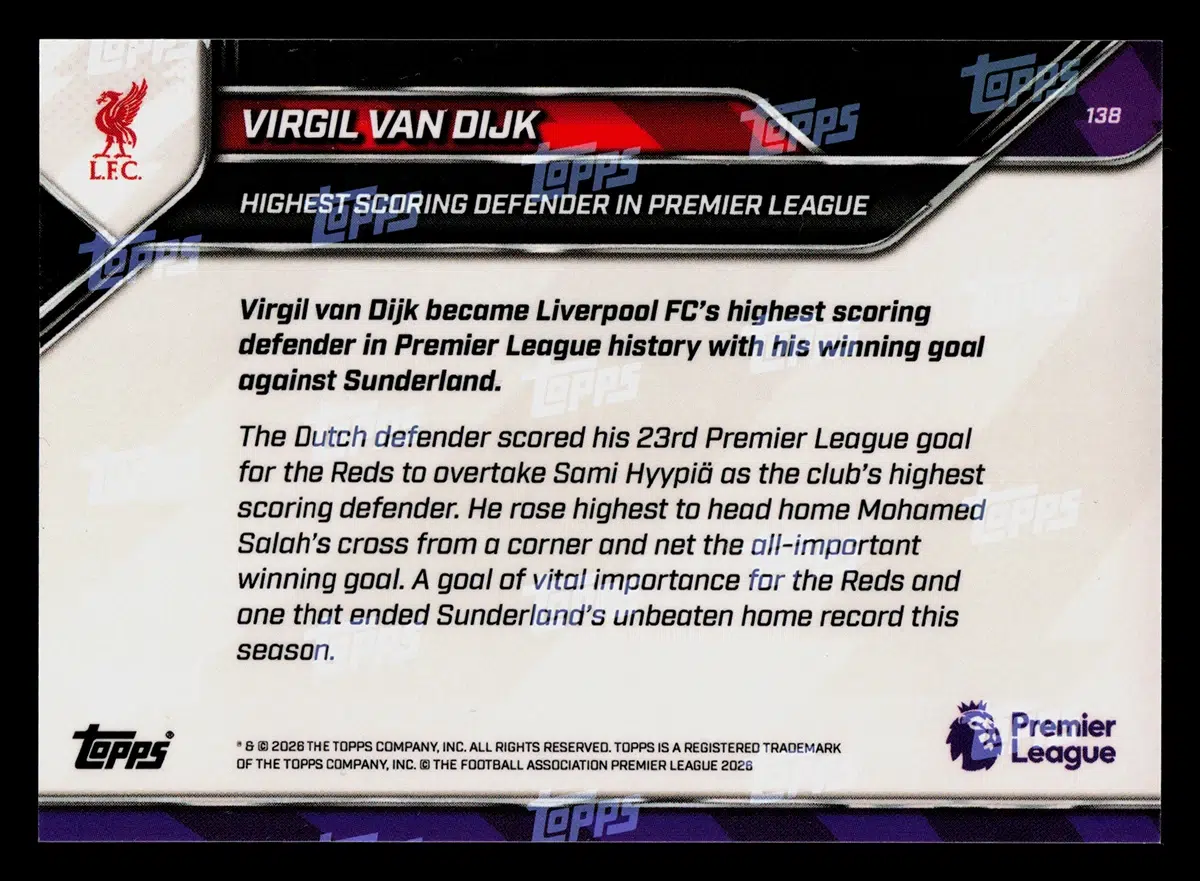 2026 Virgil van Dijk #138 Topps Now Premier League Club Record