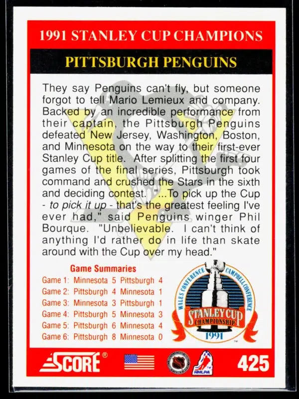 1991 92 Mario Lemieux #425 Score Stanley Cup Champions - back