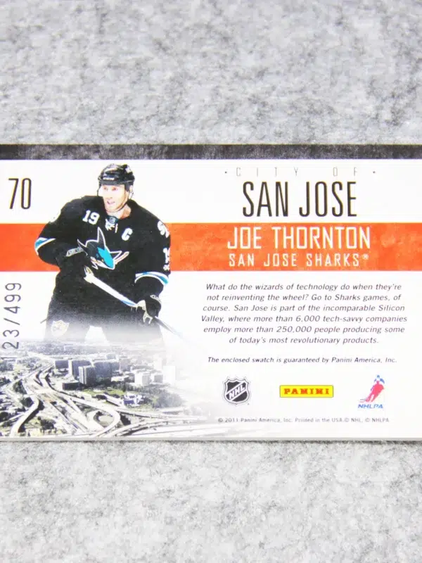 2010 11 Joe Thornton #70 Pinnacle City Lights of 499 - back