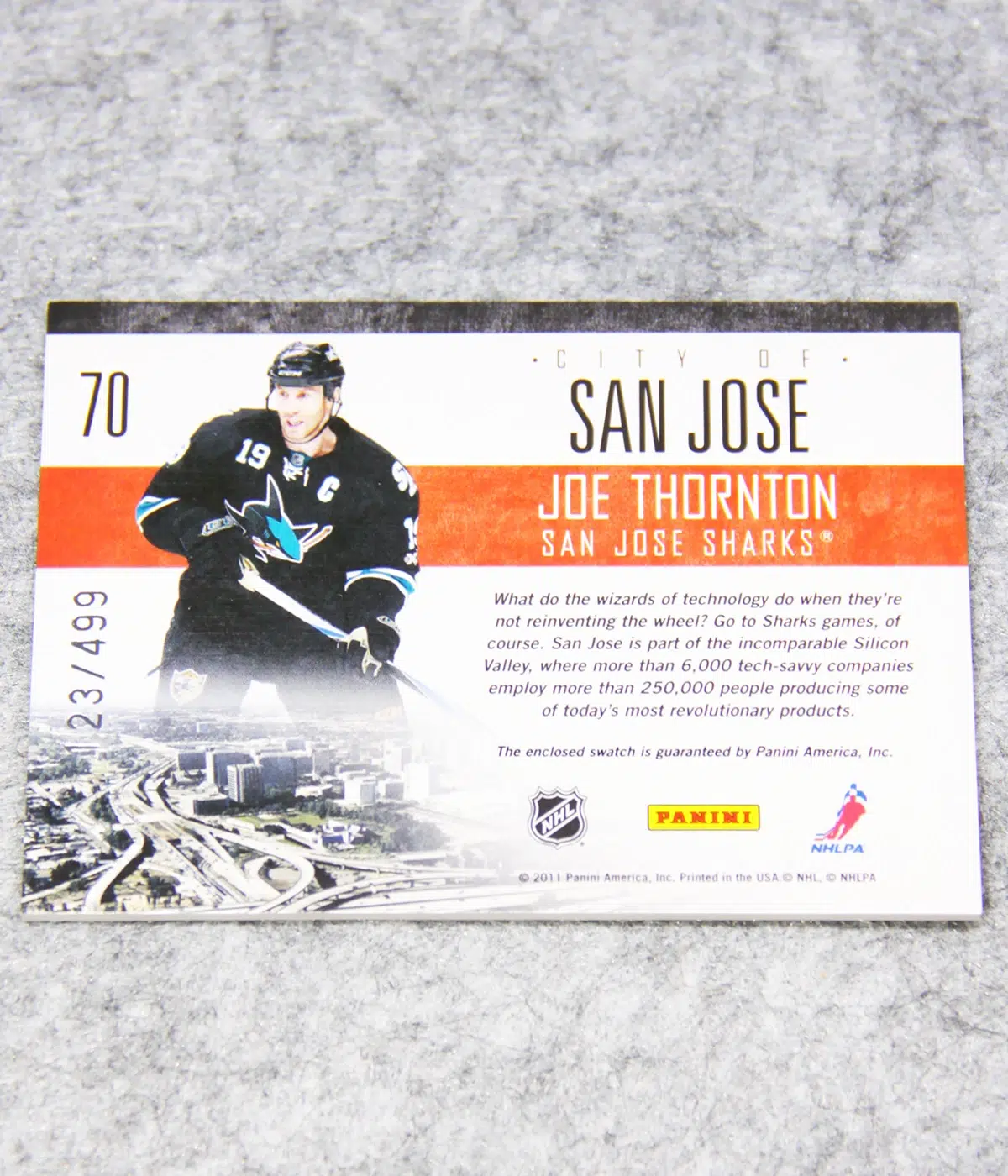 2010 11 Joe Thornton #70 Pinnacle City Lights of 499 - back