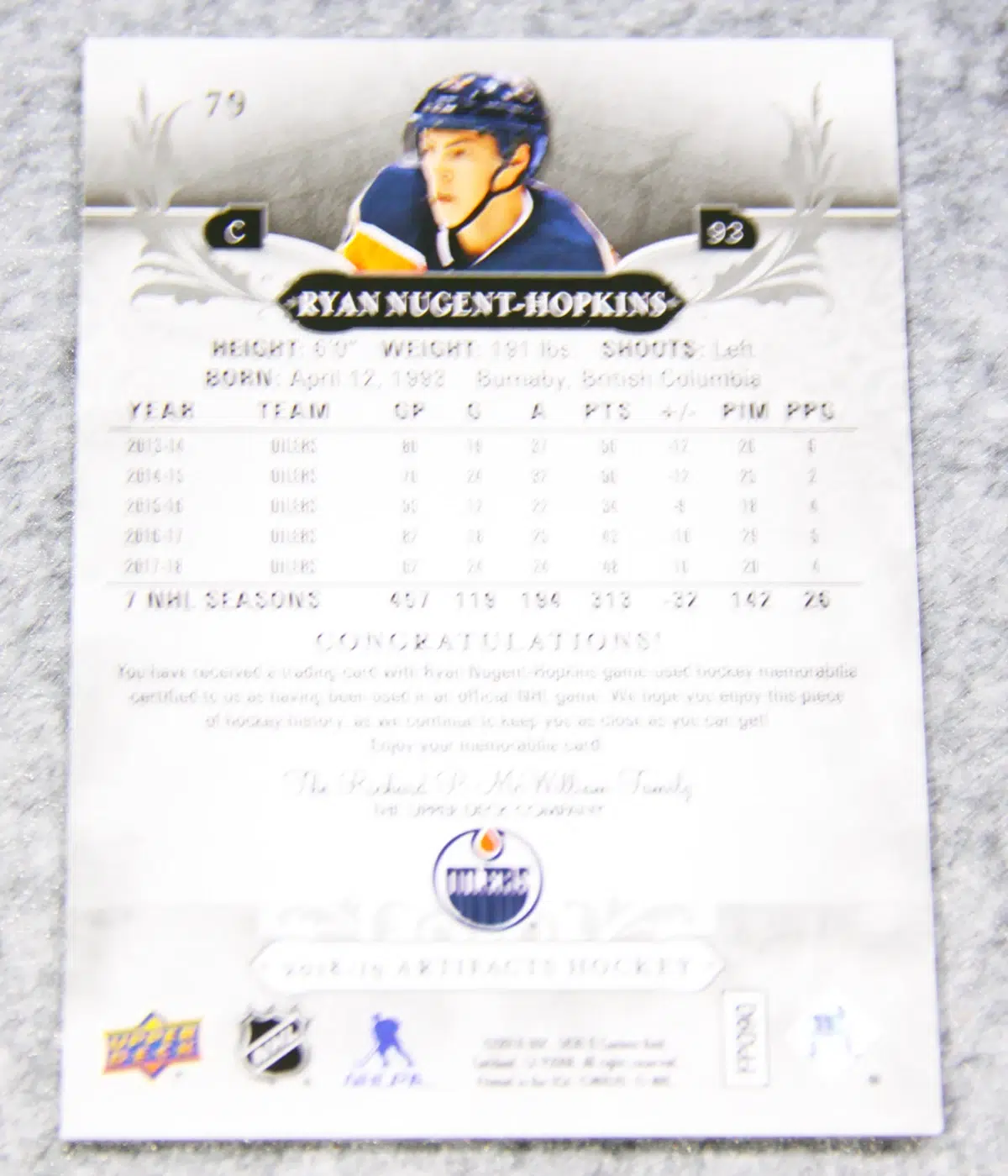 2018 19 Ryan Nugent Hopkins #79 Upper Deck Artifacts of 165 - back